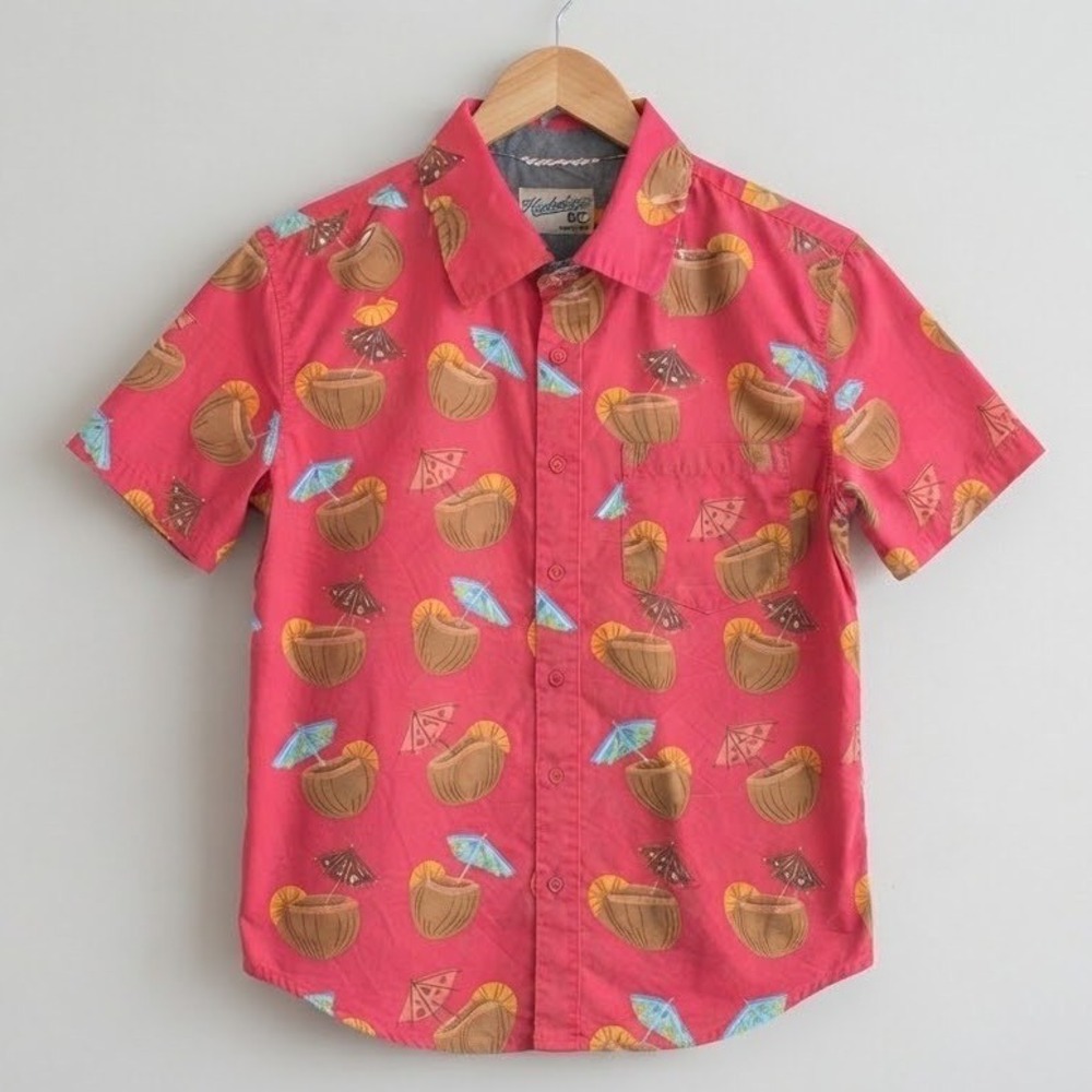 Huntington BC Pink Coconut Cocktail Tropical Cotton Shirt Large Vacay Travel